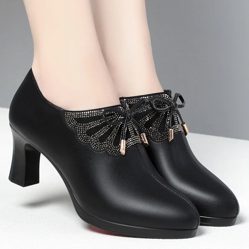 Deep Mouth Block Heels Platform Shoes Women Pumps 2024 Pointed Toe Soft Leather High Heel Office Black Elegant Bow Tie Retro