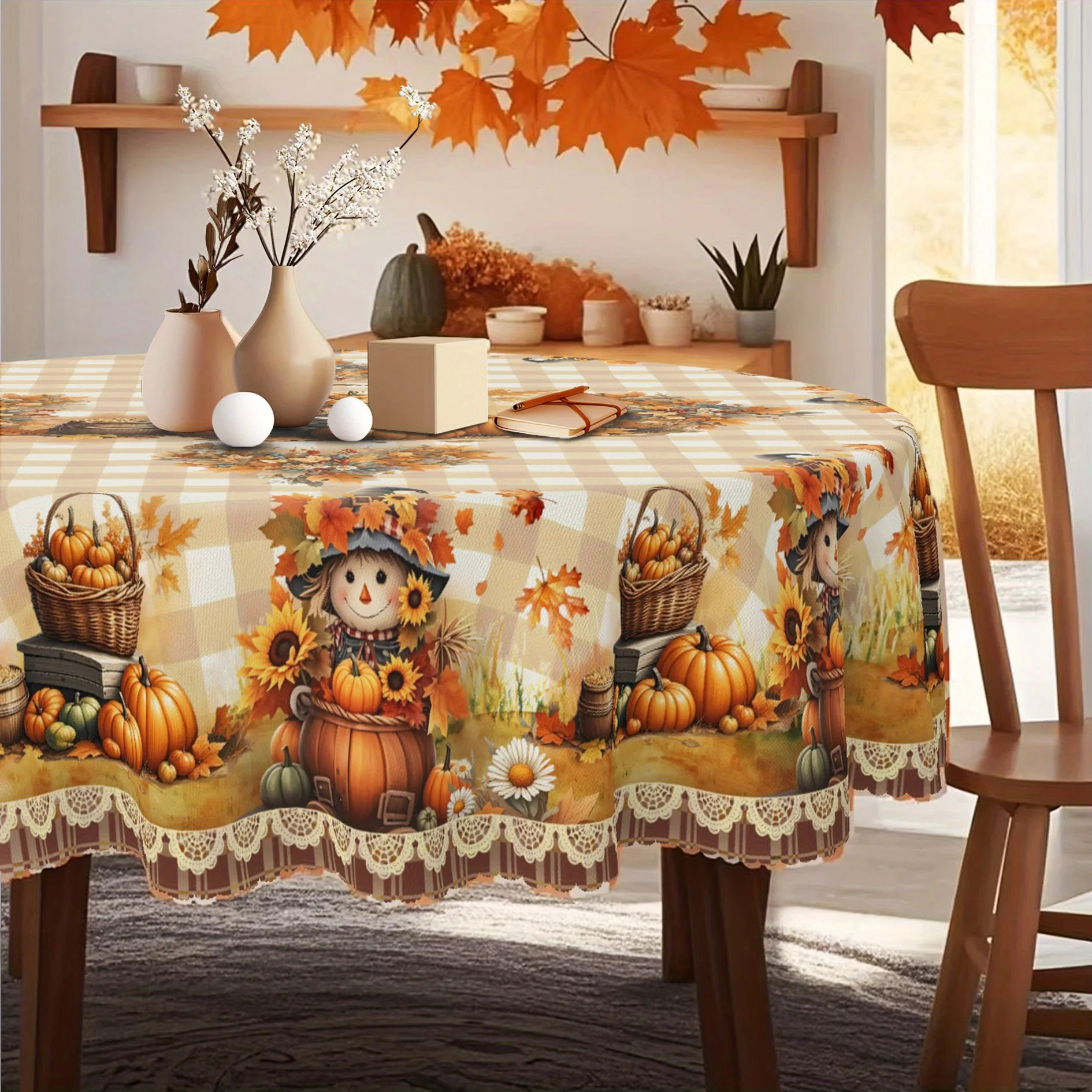 Thanksgiving Day, autumn, rural tablecloth, yellow and white decorations, sunflowers, pumpkins and small animalszyc