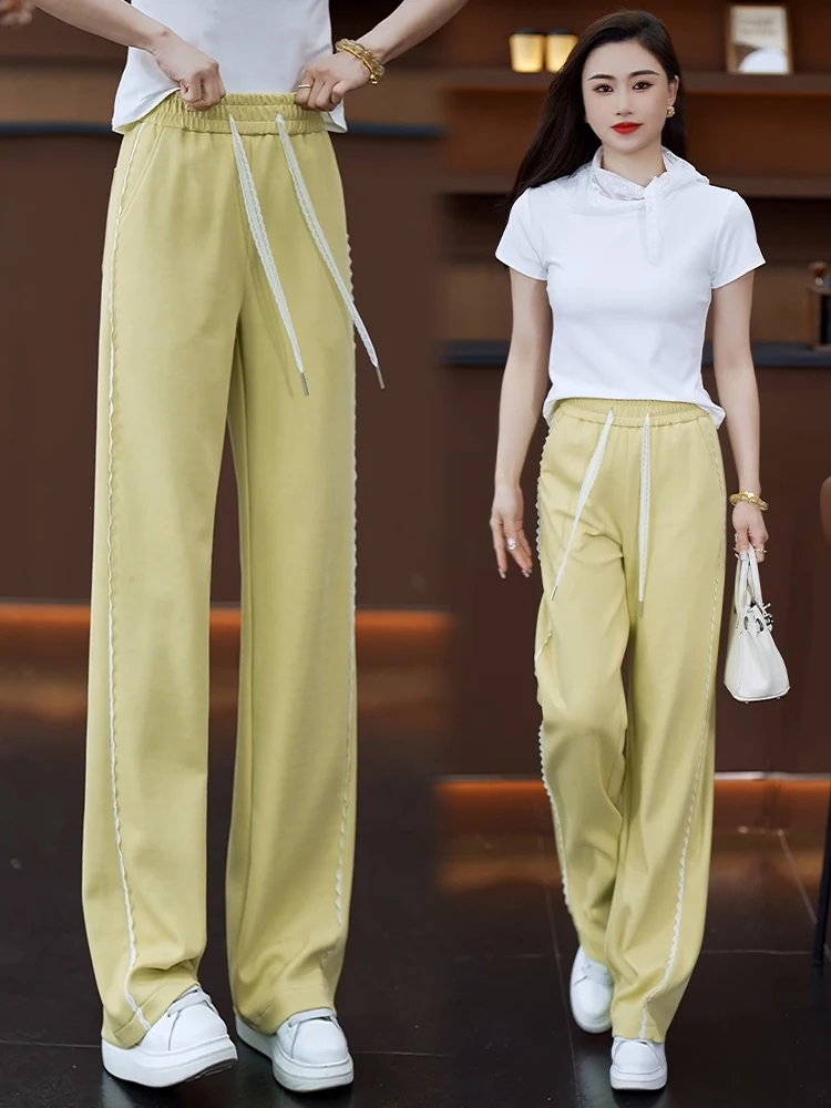 

Женские летние тонкие спортивные брюки с широкими штанинами, высокой талией, свободного кроя, стройнящие, струящиеся, повседневные, прямые, спортивные штаны