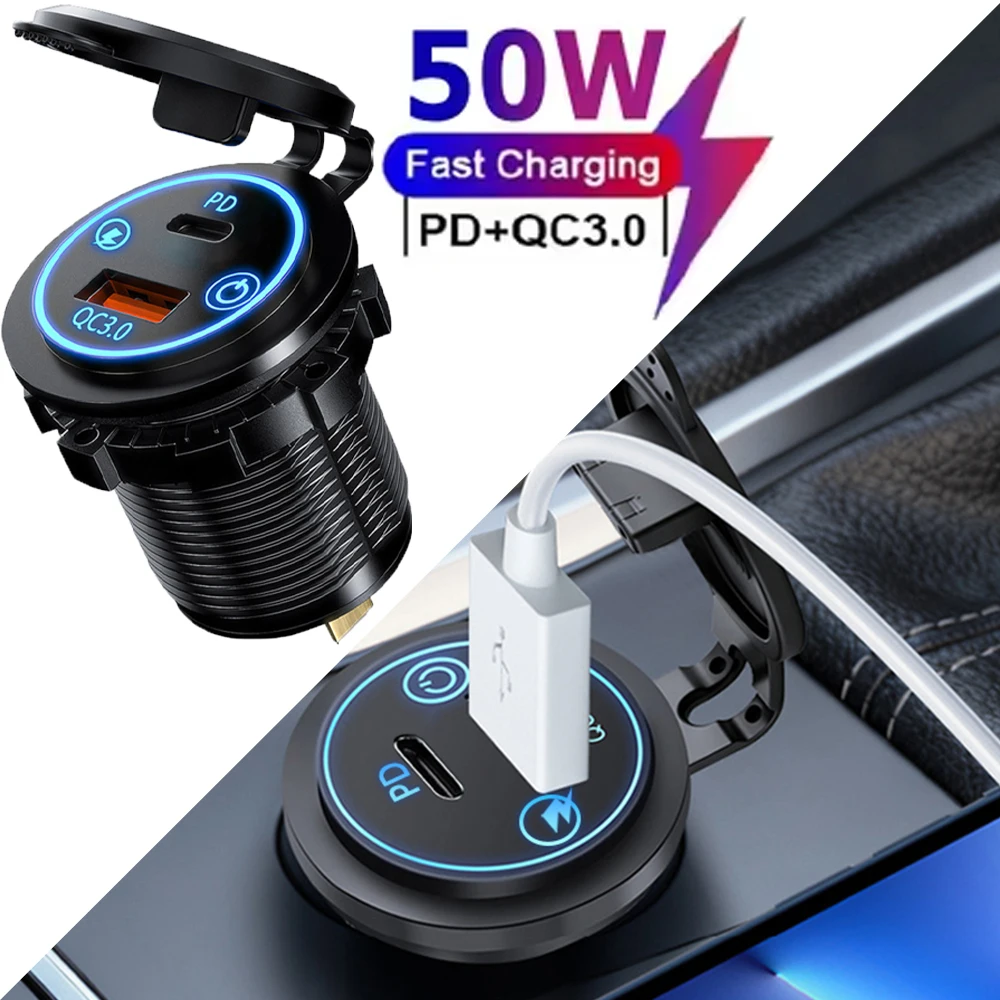 Car Charger Socket Digital Display Voltmeter Blue Light Touch Switch Pd+Qc3.0 Car Charger Modified Car Usb Charging Adapter