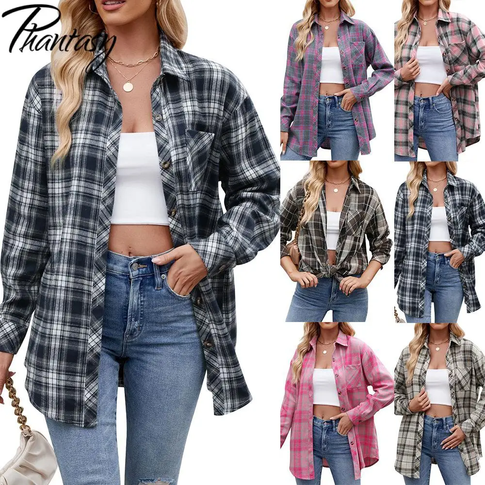 

Phantasy Women V Neck Tee Coat Shirts Long Sleeve Loose Women Shirts Fashion Turn-Down Collar Plaid Shirt Street Style Blouses