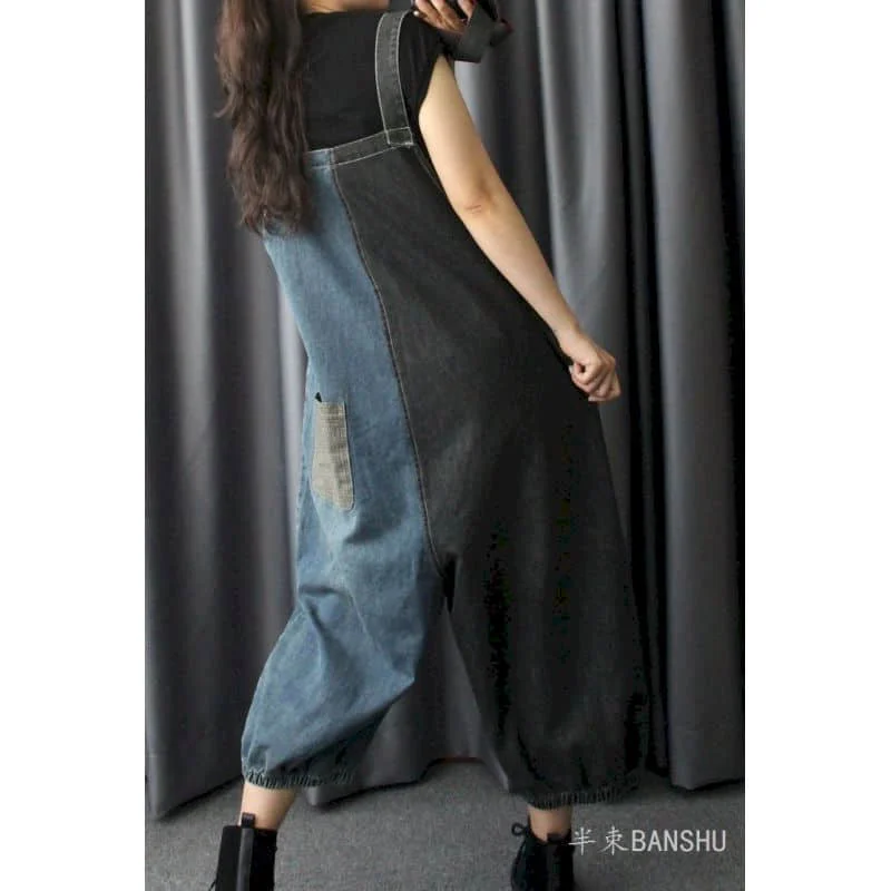 Denim Jumpsuits Women Harem Pants Korean Style Patchwork Design Vintage Playsuits Casual Jeans Loose Overalls for Women Clothes