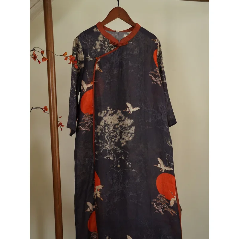 الموسم الجديد طبقة واحدة التوت فستان حريري فضفاض كرين صباح الشمس فضفاض تعديل شيونغسام تنورة النمط الصيني فستان المرأة