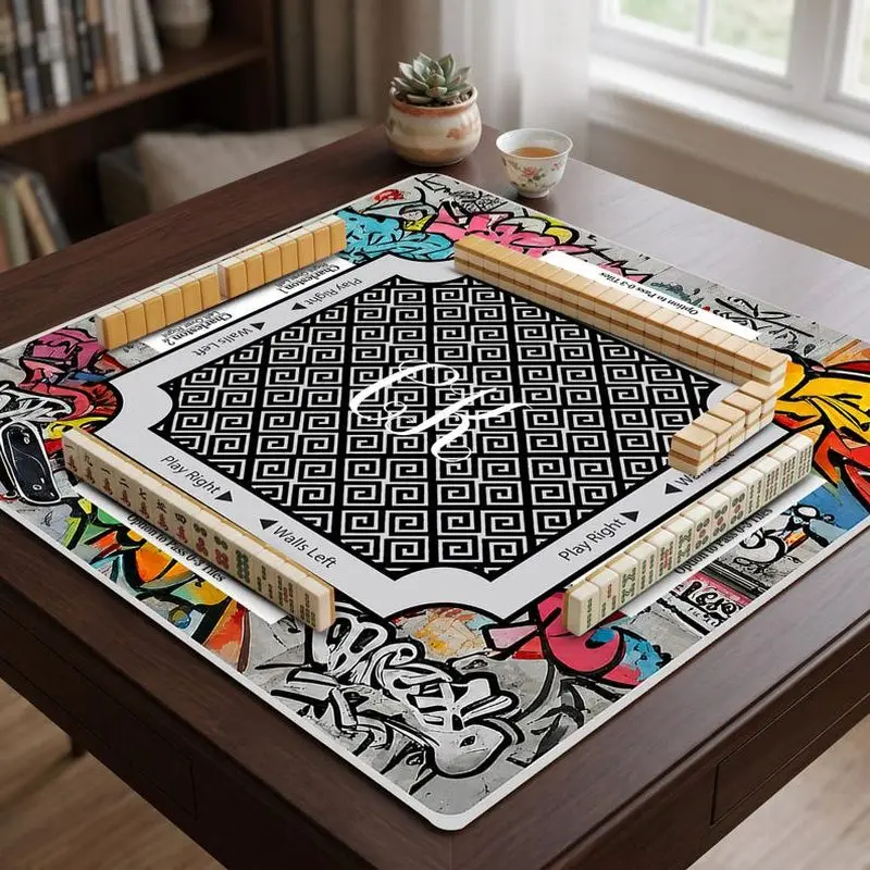 VIKAMA Street Graffiti Style Mahjong Mat Black White Geometric Zoned Non Slip Trendy American Poker Mahjong Pad