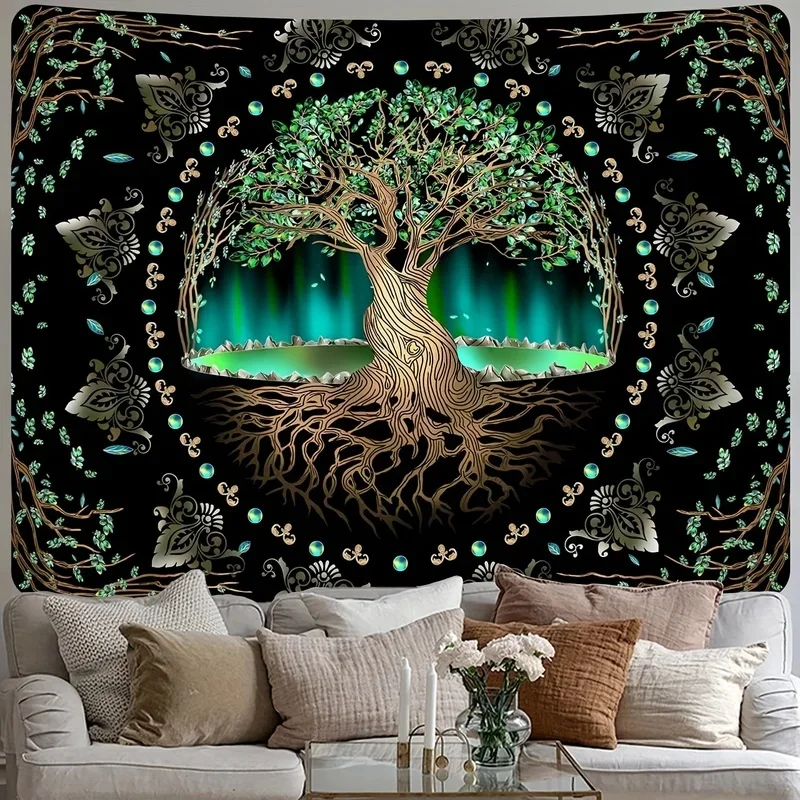 VIKAMA Tree of Life Tapestry Aurora Borealis Floral Border Print Wall Hanging Art Decor for Bedroom Living Room Home Decoration