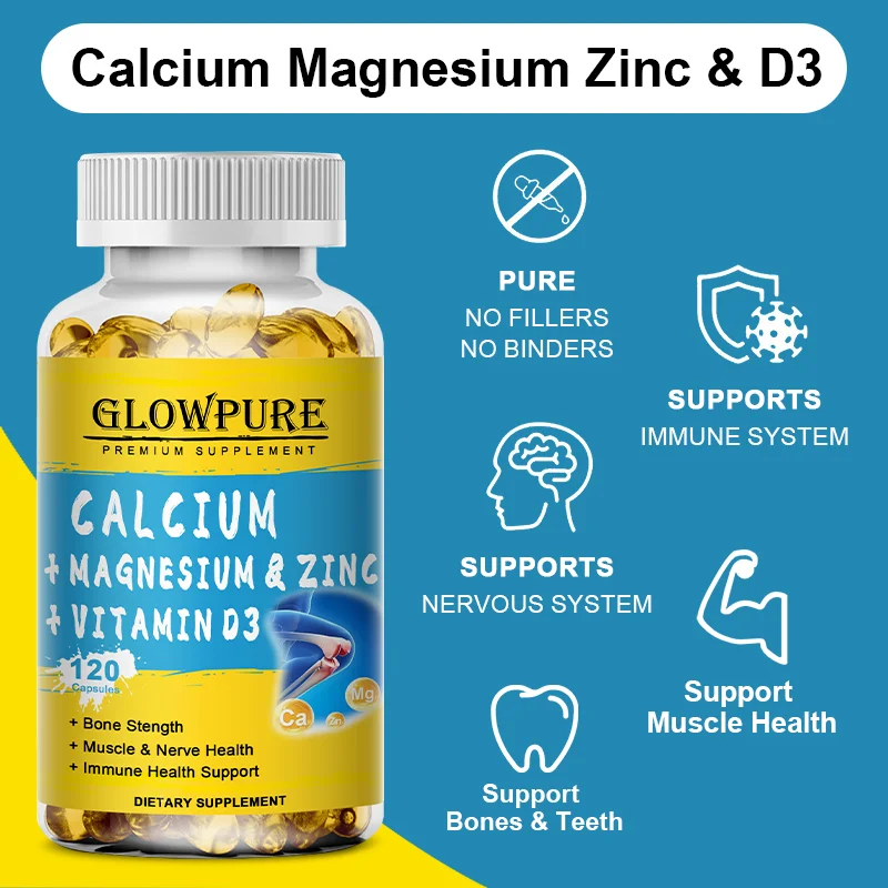 Calcium Magnesium Zinc Vitamin D3 - for Muscle, Bone, Joint, Nervous Immune System Health Capsules  | Non-GMO | Gluten Free