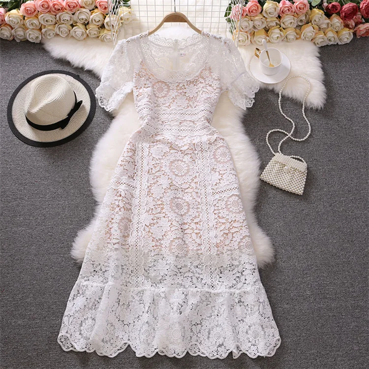 Runway Embroidery Dress Summer Solid Lace High Waist Woman Dresses for Women Elegant Luxury Party Boho Long Sleeve A-Line 2022