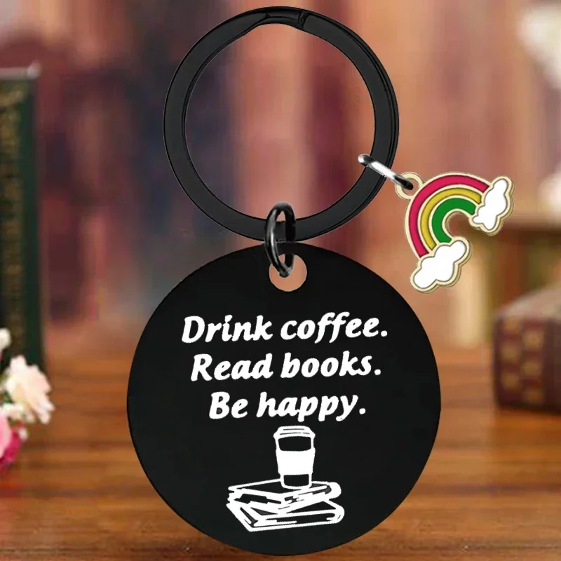 Metal Book Lovers Gift Keychain Coffee Lovers Gift Key Chain Pendant Drink Coffee Read Books Be Happy