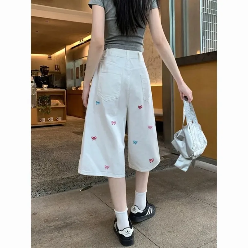 Women's Black Wide-Leg s Bow Embroidery Casual High-Waist Pants