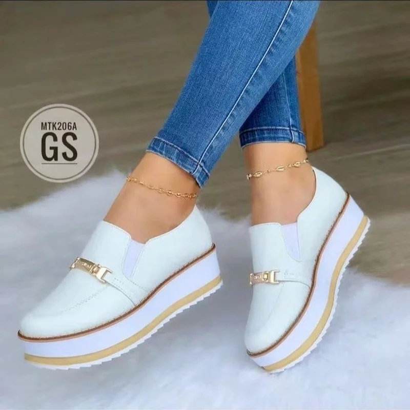 PU Leather Women's Shoes Thick Bottom Women's Casual Sports Shoes 2022 Spring and Autumn New Wedge Lady Shoes Women Slip-On