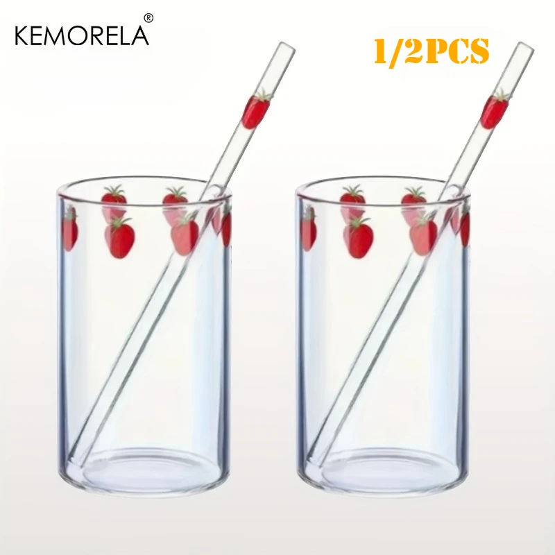 1/2PCS Cute Strawberry Glass Cup with Straw 300ml Adorable Water Milk And Coffee Mug Gift for Students Drinkware for Home School