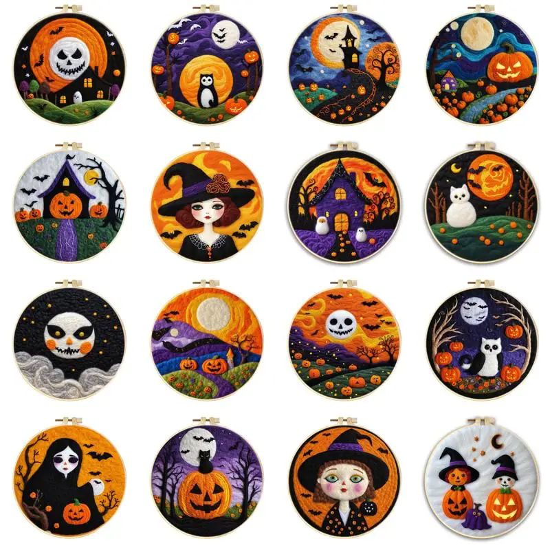 

CHENISTORY Wool Felting Painting Kit For Beginner Needle Felted Halloween Scenery Pumpkin Diy Felt Needle Crafts Package Gift