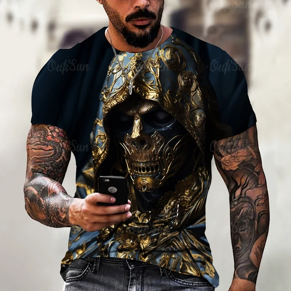 الصيف تي شيرت رجالي خمر الرعب ثلاثية الأبعاد الجمجمة طباعة الكلاسيكية عادية س الرقبة ملابس بأكمام قصيرة فضفاضة المتضخم بلايز تي شيرت الرجال