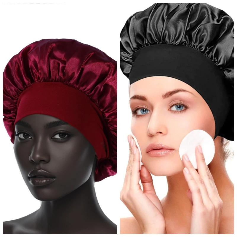 

Women's Satin Solid Elastic Wide-brimmed Sleeping Hat Unisex Head Wrap Elastic Band Cap Hair Care Bonnet Night Hat Bonnet