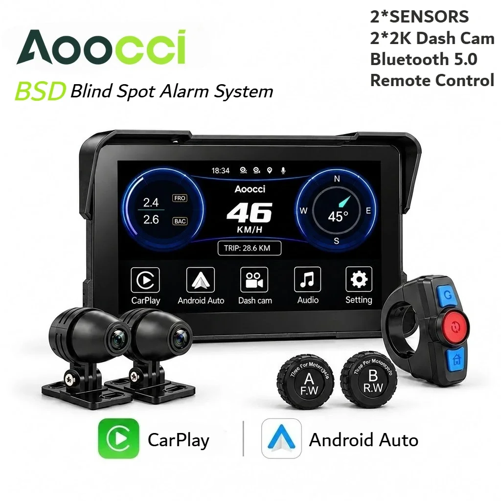 Aoocci D7B 7" Motorcycle Smart Display Wireless CarPlay Android Auto Dual 2K Dash Cam 10Hz GPS AI Visual Radar TPMS IP67 view 6