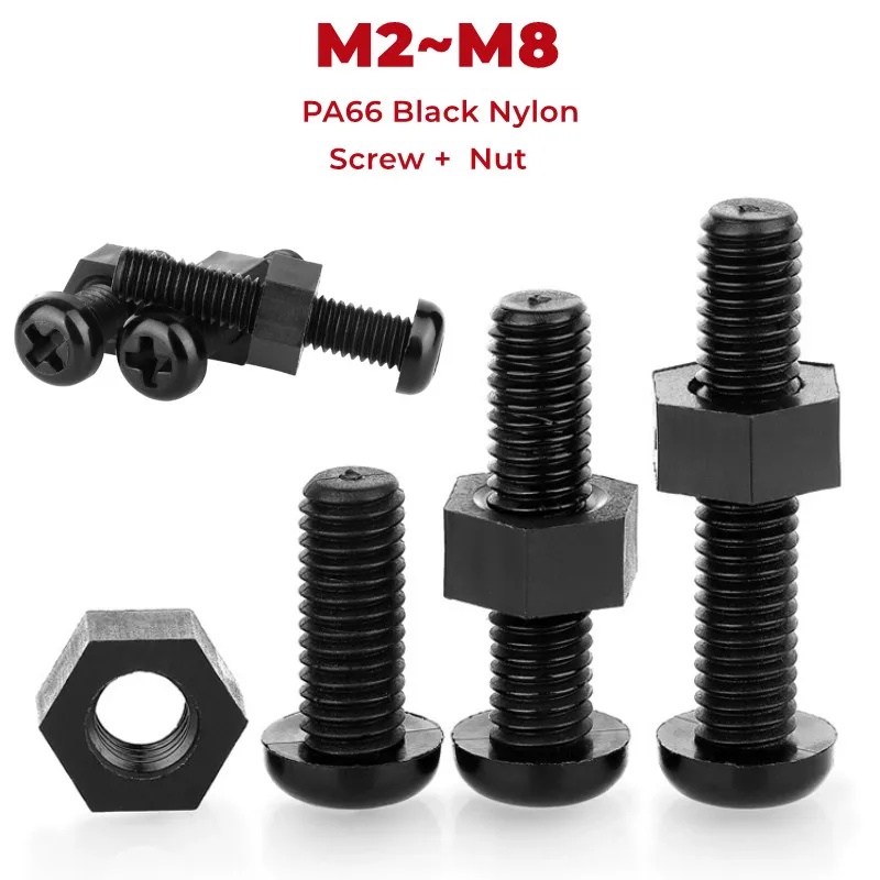 5~50 sets 2 In1 PA66 Black Nylon Screw Bolt Nut Combination M2 M2.5 M3 M4 M5 M6 M8 Round Head Cross Bolt Plastic Insulated Screw