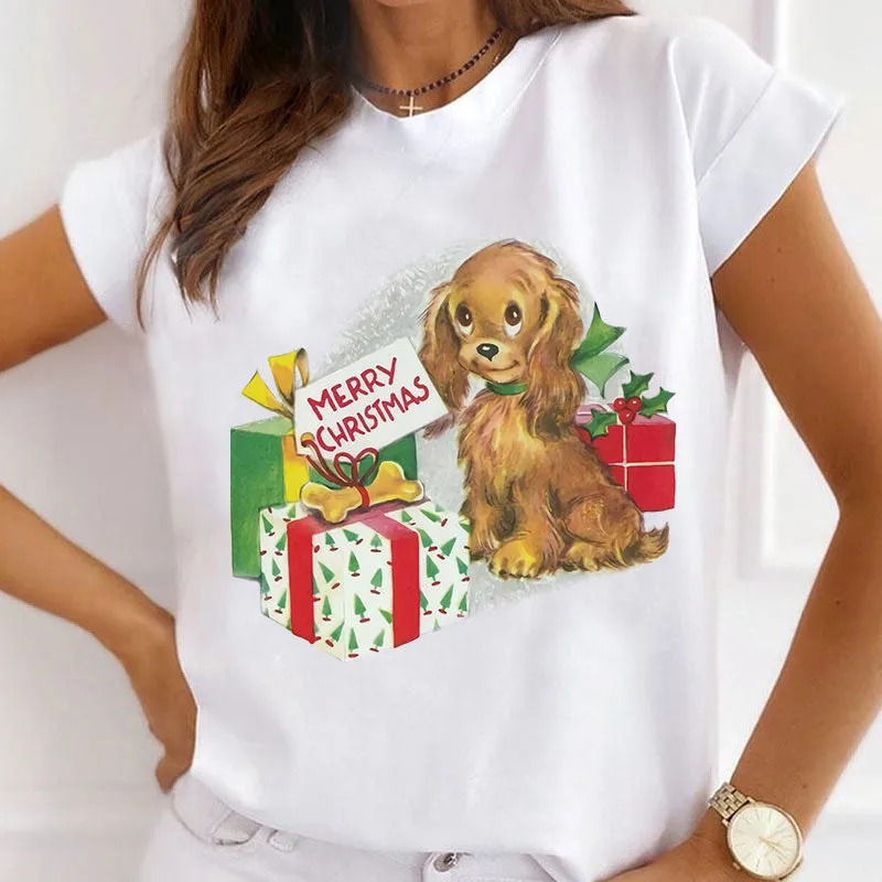 Women Merry Christmas T Shirt Vintage Cocker Spaniel Puppy with Xmas Gift Box Holly Graphic Short Sleeve Casual Holiday Tee Top