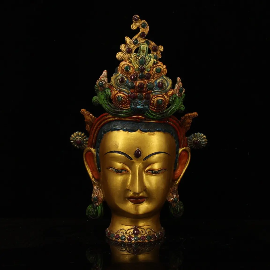 Nepal Pure Copper Avalokiteshvara Head Bust Gem Inlaid Painted Home Altar Decor Collectible