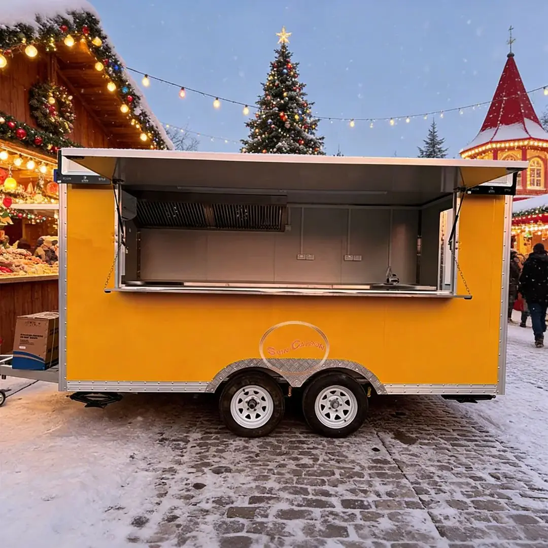 Towable Food Cart with Shelf and Ventilation System Commercial Mobile Kitchen Truck Customizable Street Food Vendor Trailer