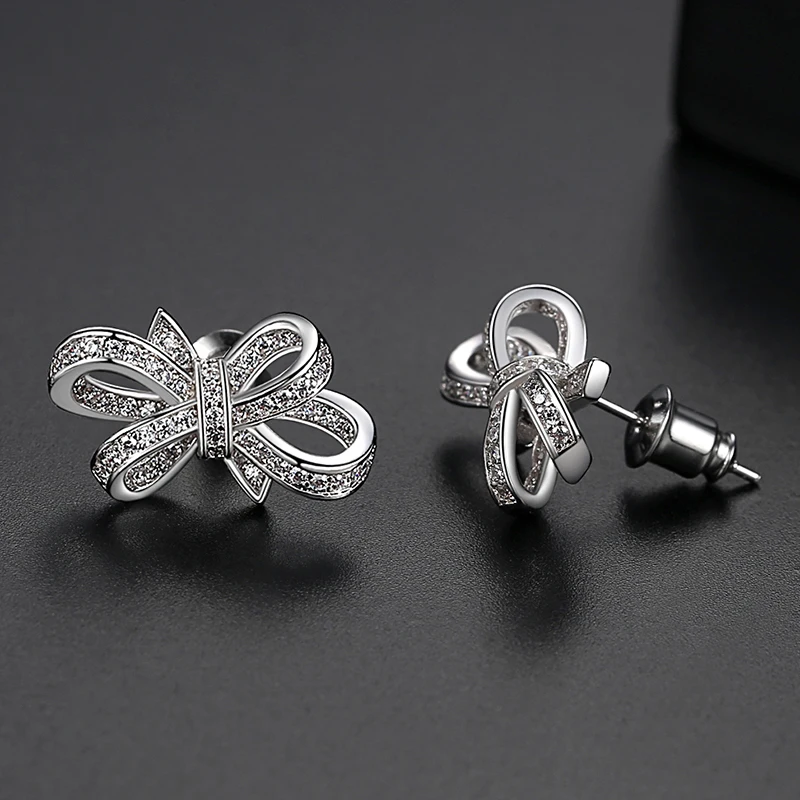 LUOTEEMI Romantic Bow-knot AAA Clear Cubic Zircon Stud Earrings for Women Bridals Wedding Cute Jewelry Fashion Christmas Gift