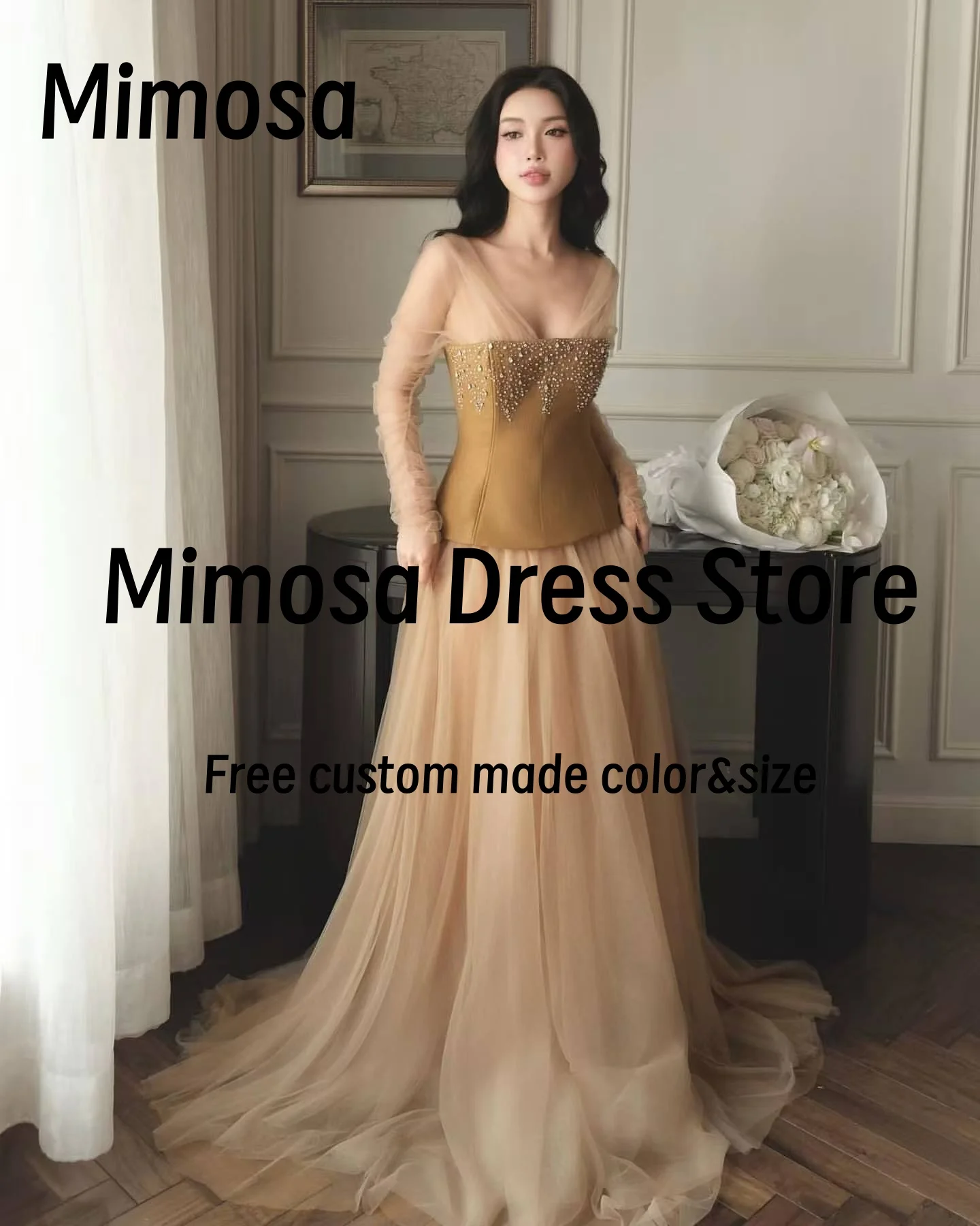 

Mimosa Illusion Long Sleeves Prom Dresses 2025 Beaded Zipper Back Evening Dress A Line Tulle Wedding Party Gowns Customized