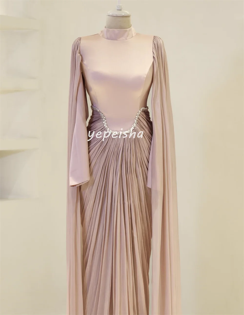 Customized Formal Fashion Chiffon Pleat Draped Rhinestone A-line High Collar Long Dresses Bespoke Occasion Dresses High Quality image 2