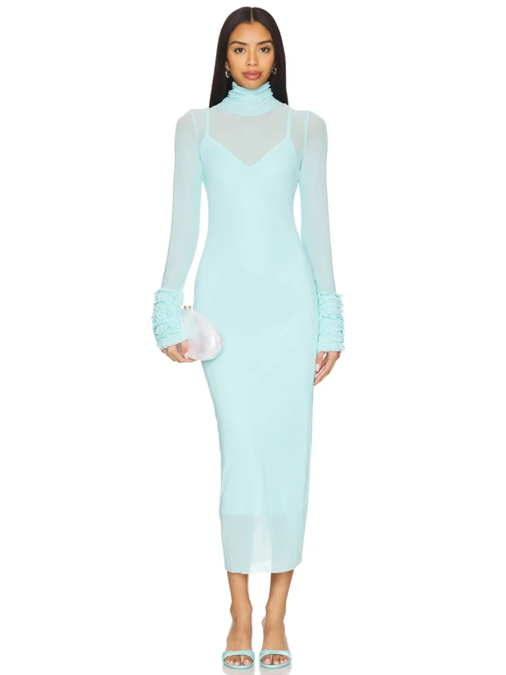 

Sexy 2-Piece Dress Women'S Turtleneck Long Sleeved Mesh See Through Dress + Sling Bodycon Dress Fashion Club Cocktail Party Gown