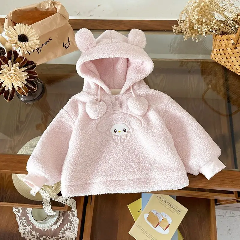 

Бархатное пальто Sanrio Girls My Melody Plus, осенне-зимняя толстовка с капюшоном и капюшоном из флиса, теплая куртка, детская одежда