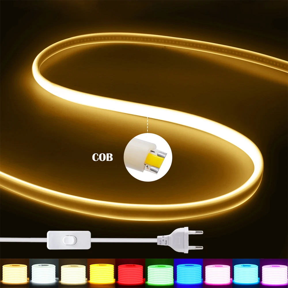 220V COB LED Neon Strip Light Switch ON/OFF EU Power Kit Waterproof 288Leds/M Room Garden Home Bar Lighting Flexible Lamp Decor