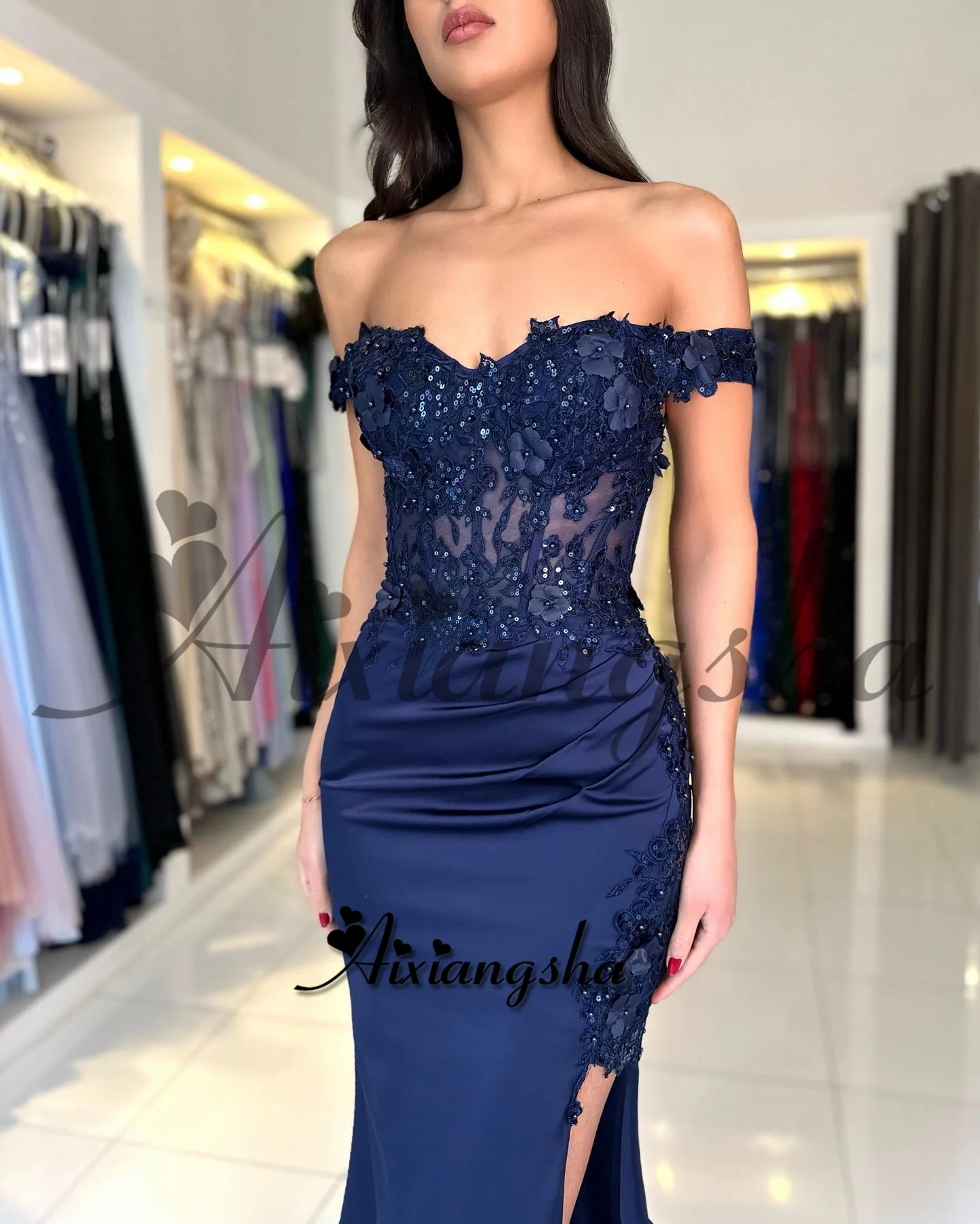 Aixiangsha خمر حورية البحر شق فساتين لحضور الحفلات الموسيقية للنساء هرع قبالة الكتف بلورات سويب تراين Vestidos De Gala مخصصة