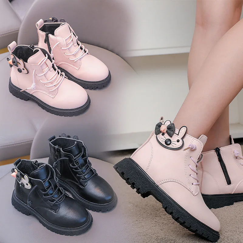 

Children Winter Short Boots Girl Casual Front Lacing Single Boots Woman Simple Versatile Soft Bottom Non-slip Princess Kid Shoes