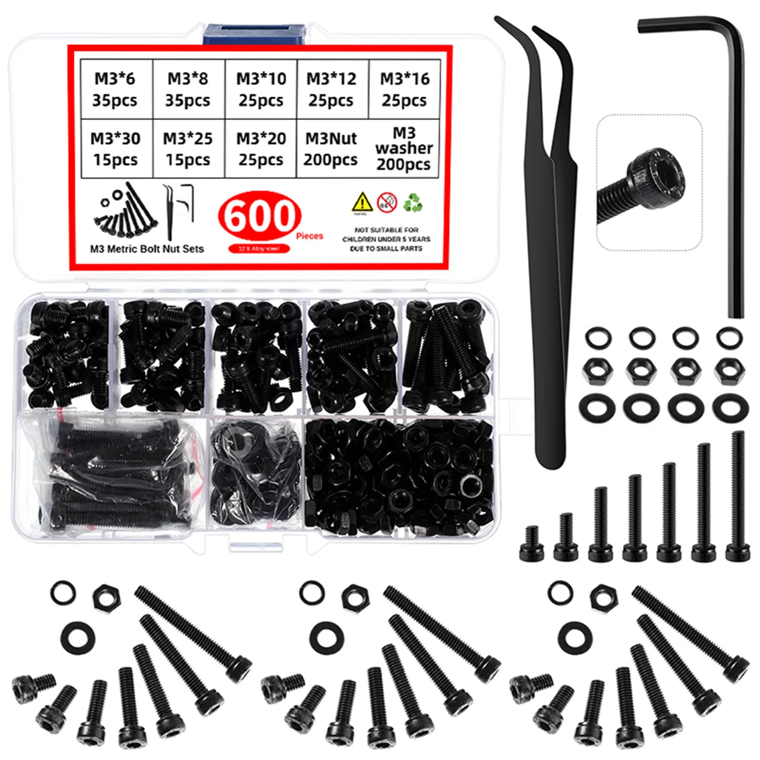 

600Pcs M3 screw set carbon steel Allen Hexagon Hex Socket cap Button Round Head Screw Bolt Washer Nut Assortment Kit DIN912 12.9