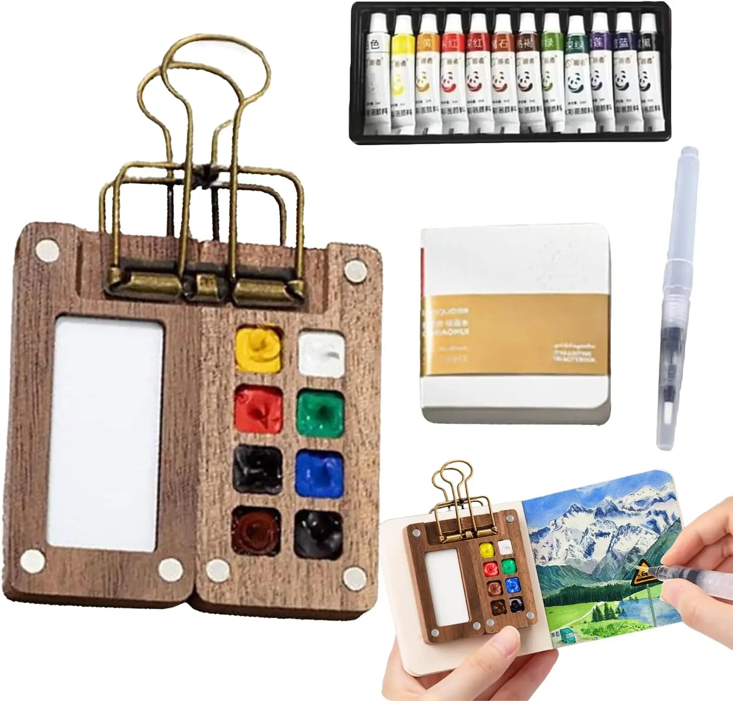 

Mini Watercolor Painting Set, Watercolor Palette Collection, Binder, Wooden Paint Box, Suitable For Painters, Artist And Student