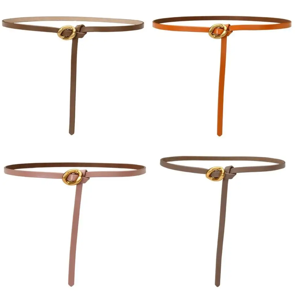 

652F Leather Belt for Women Metal Buckle Selftied Belt Lady Narrow Waistband Aesthetic Waist Belt for Dresses Formal Event