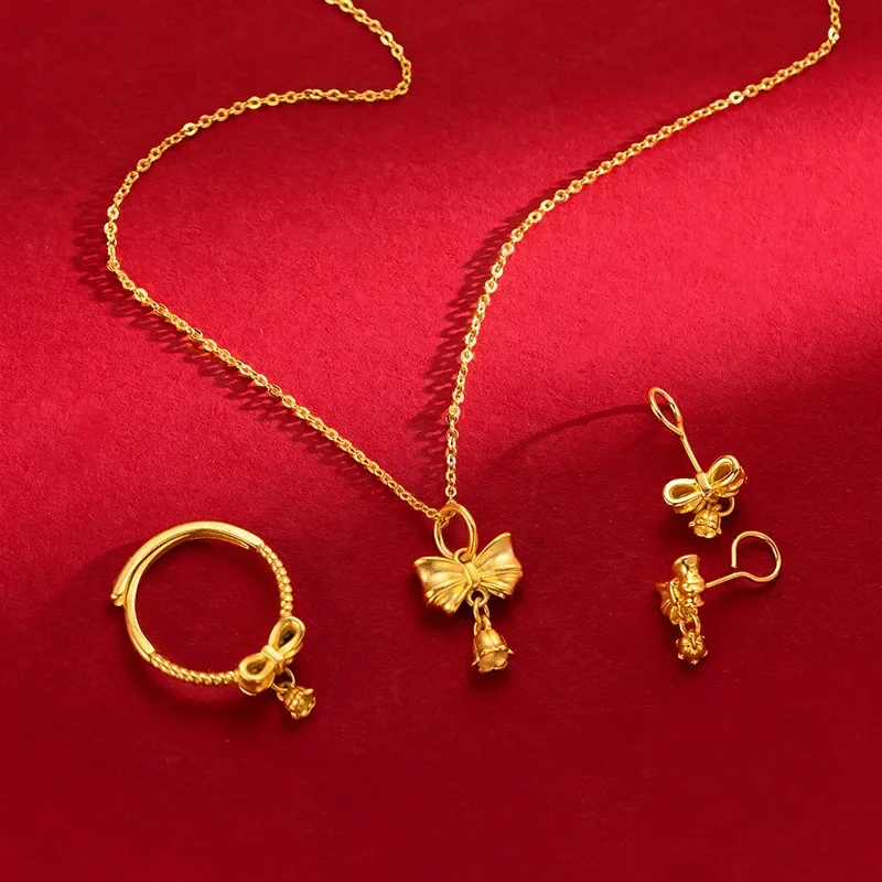 9999 Real Gold 24K Small Fresh Sweet Bow Lily of the Valley Set Hot Push Lily of the Valley Three-piece Set Women's