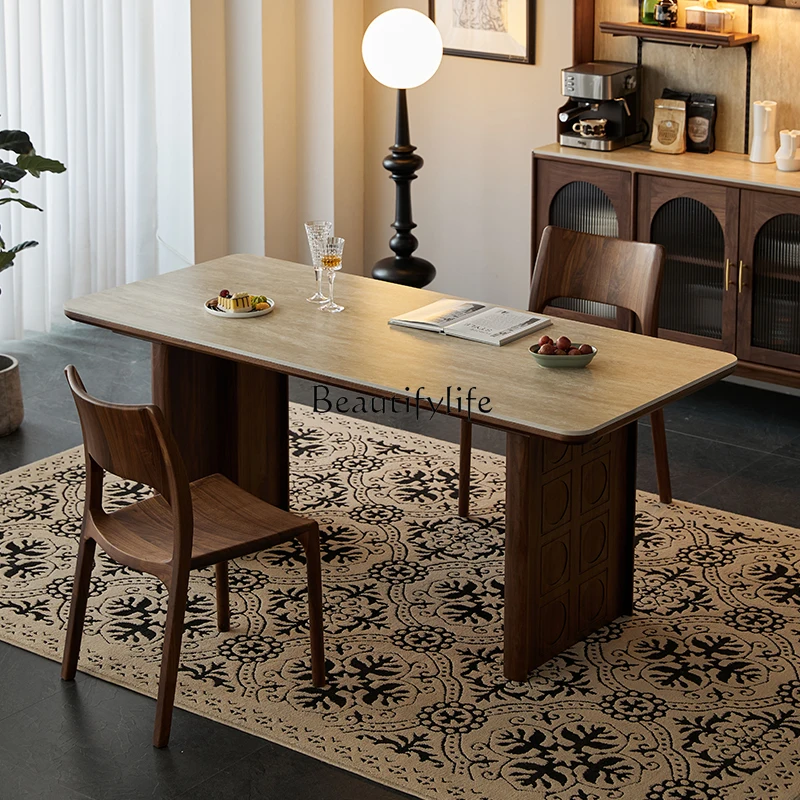 Medieval rock slab dining table, cave stone slab table, North American black walnut retro rectangular desk
