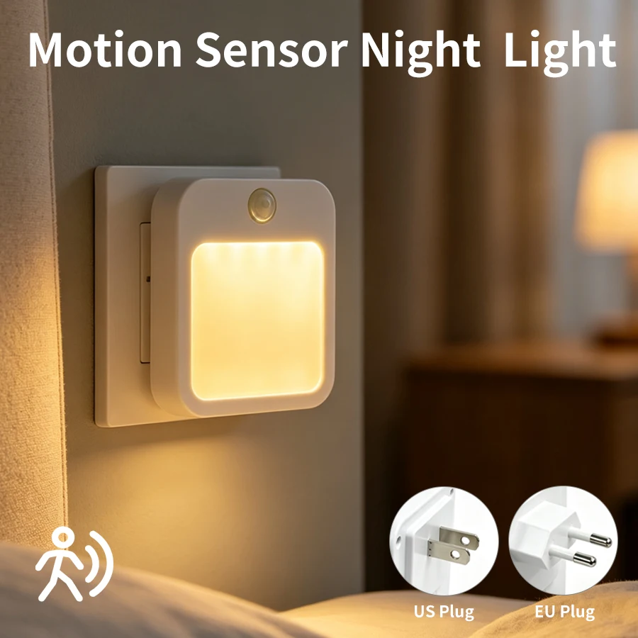 LED Night Lights With Motion Sensor EU US Plug In Dimmable Bedside Night Lamp for Hallway Bedroom Stairs Kitchen Room Decoration