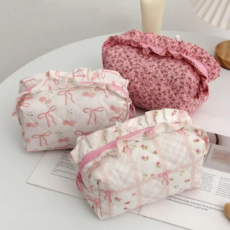 Ruffled Edge Bow Floral Print Makeup Bag Large Capacity Pen Bag Women Girls Cosmetic Storage Bag Travel Wash Bag Clutch