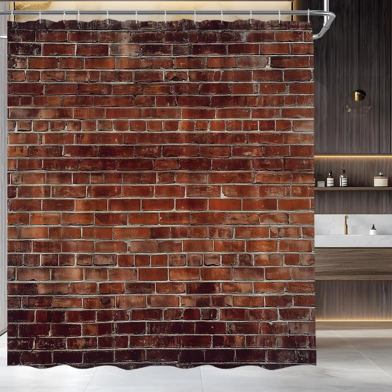 

Vintage Brick Wall Shower Curtain, Red Brown Stone Retro Farmhouse Style Bathroom Decor with Hooks