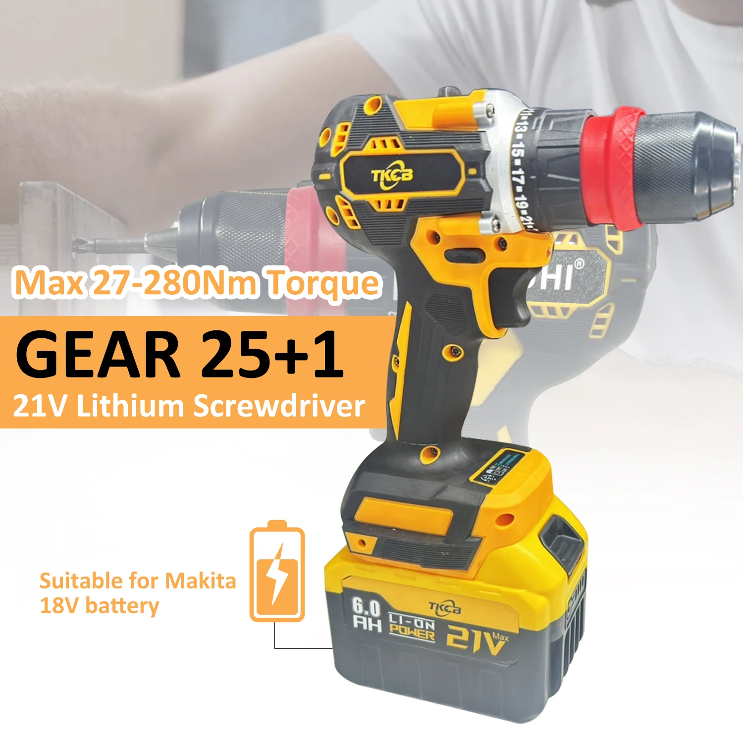 TKCB-18v 2in1 Lithium Drill Electric Screwdriver Multi-Function Power Tool 45nm Torque Brushless Motor Practical Screw Driver