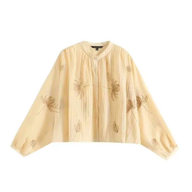 

Women's 2024 New Fashion Temperament Joker Casual Embroidered Blouses Retro Bubble Sleeve Button Blouses Chic Tops.