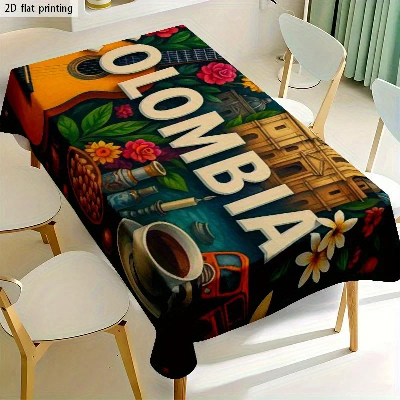 Soft, fashionable and beautiful 2D flat tablecloth. Machine washable and easy to clean. Colombian style, guitar coffee, colorful