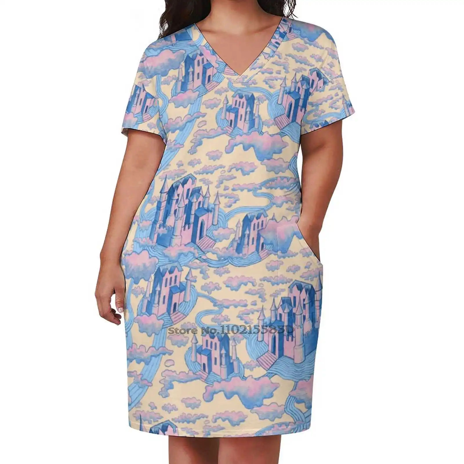 Cloud Castle Loose Pocket Dress Print Short Sleeve Dresses V-Neck Dress 5Xl Pattern Castle Fantasy Rivers Streams Clouds Sky