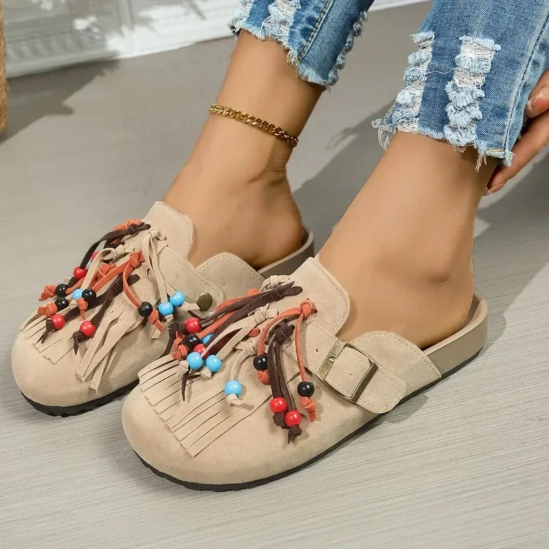 

Женские летние тапочки с круглым носком на плоской подошве, 2021, тапочки с пряжкой и бахромой, повседневные уличные сандалии больших размеров с закрытым носком