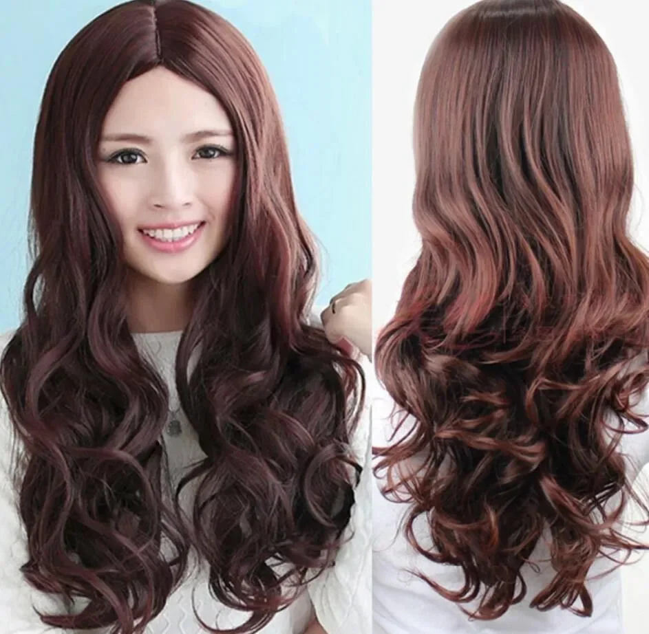 WIG LL Lady girl new brown weave wig long curly hair cosplay party costume no bang