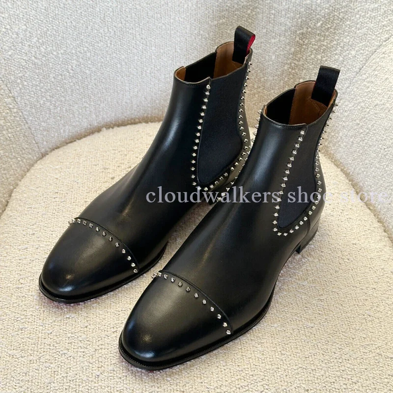 Black Leather Metal Studs Line Design Ankle Boots Small Round Toe Braided Belt Splicing Slip On Short Boots Men's Trench Boots