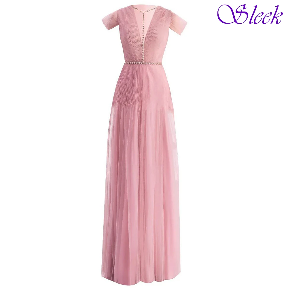 Abito da sera classico elegante con scollo a V a maniche corte personalizzato Abito da festa delicato di alta qualità Abito da ballo di moda moderno