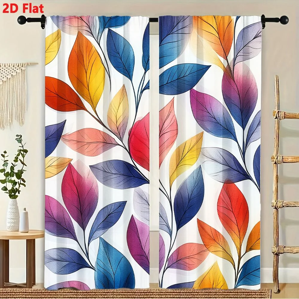 2Pcs Curtains 2D Flat Vibrant Colorful Repeating Pattern Stylized Leaves On Thin Stems With Gradient Shading And Fine Black Vein 3