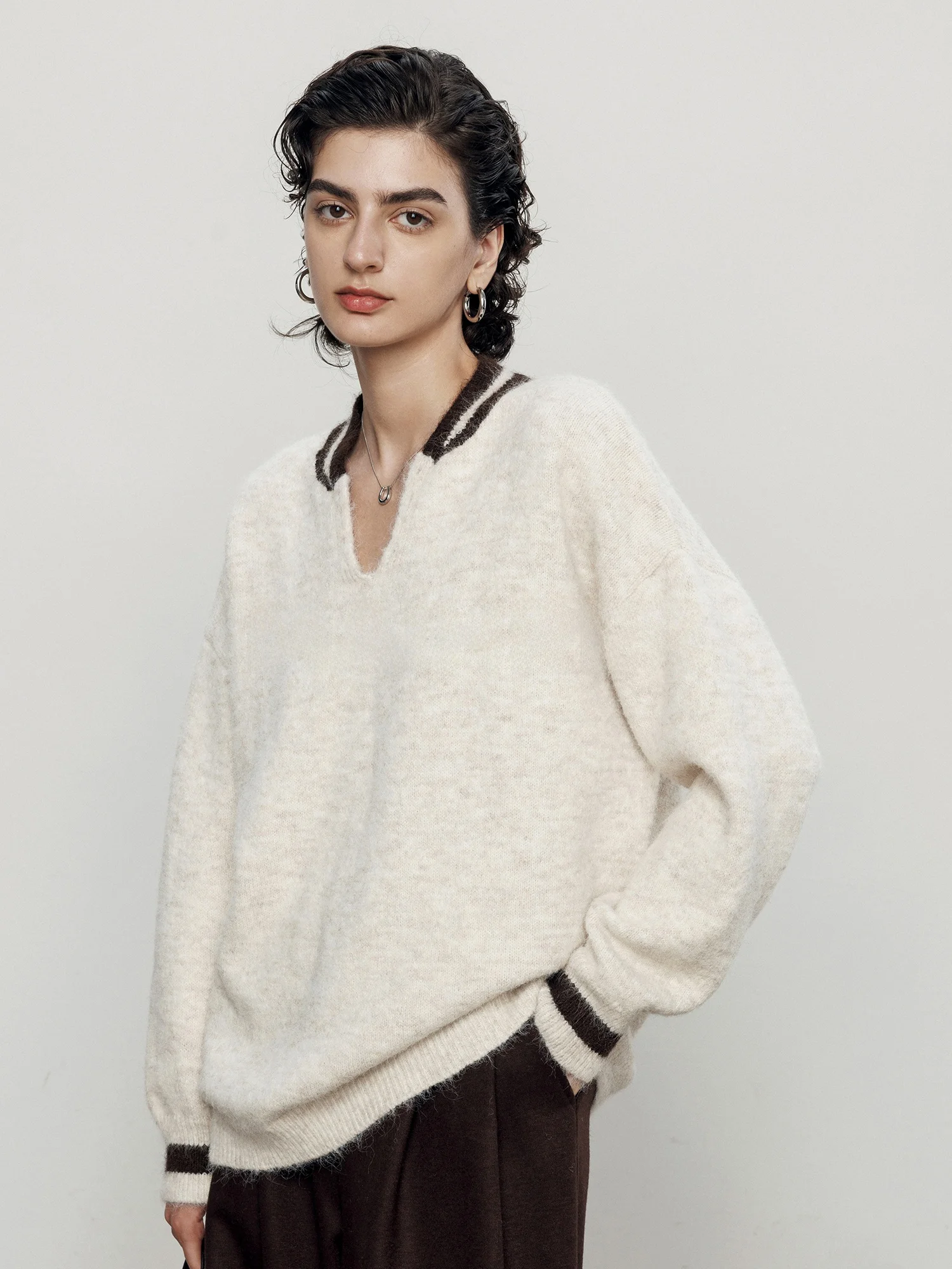 

Maiherv V-Ne Color Blo Knit Sweater Women's Autumn Winter College Sle Design Slimming Knitted Top Casual Loose Fit