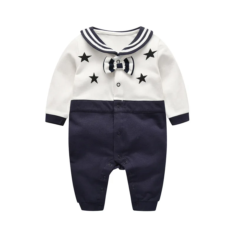 Baby Spring Autumn Long Sleeved Jumpsuit Cotton Spliced Newborn Girls Crawling Suit Navy Style Infant Girls Bodysuit